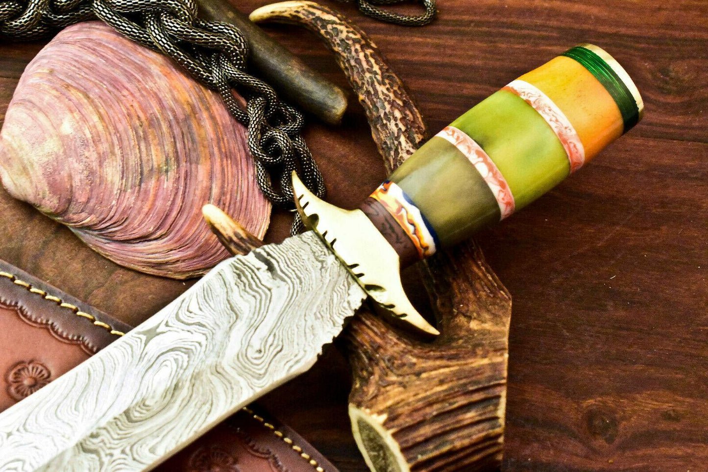 15" Handmade Damascus Steel Bowie Hunting Knife – Bone Handle