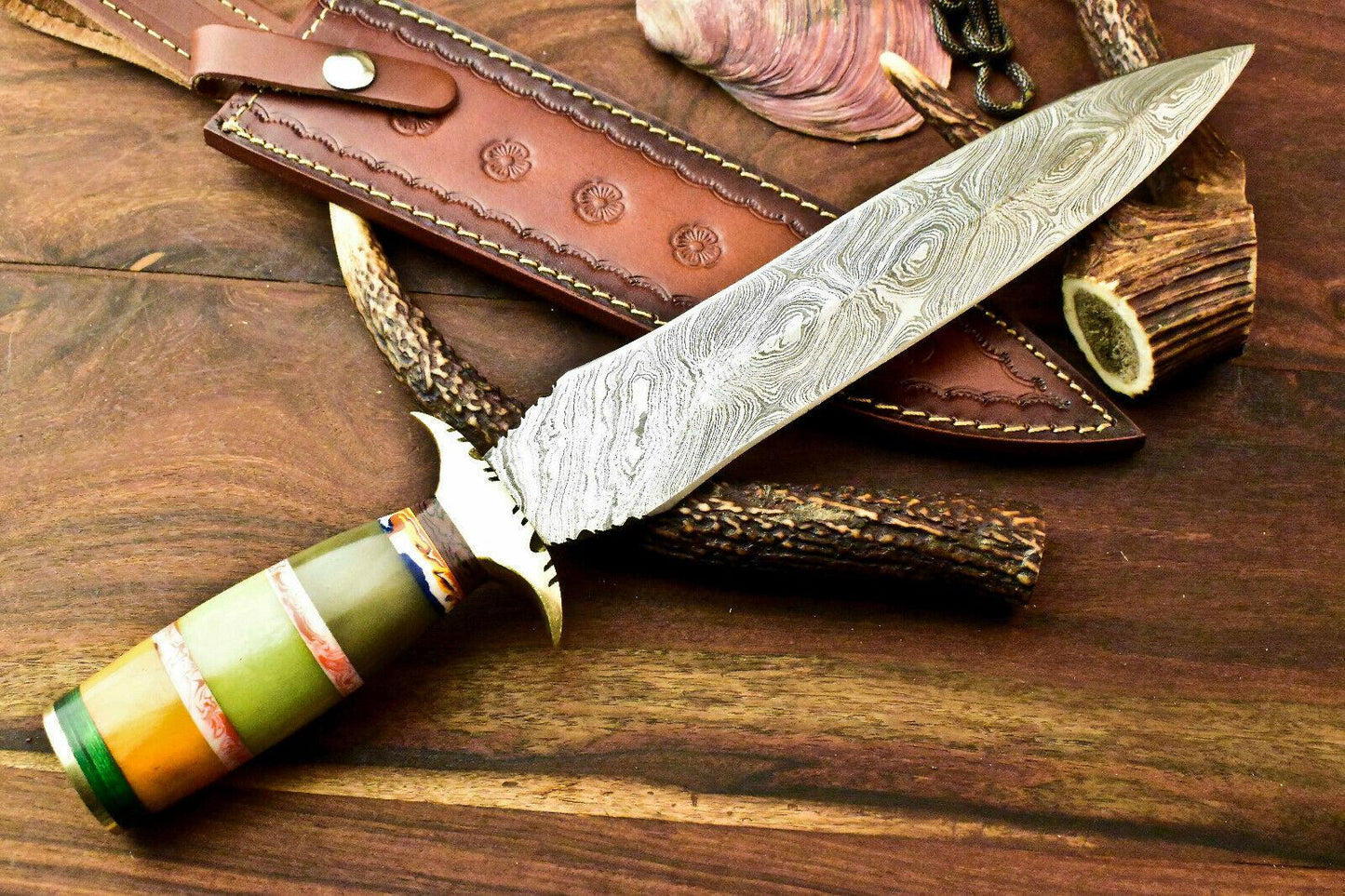 15" Handmade Damascus Steel Bowie Hunting Knife – Bone Handle
