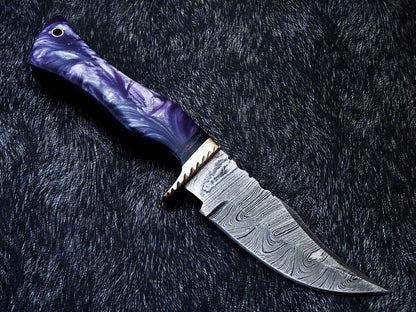 10" Resin Handle Damascus Steel Bowie Knife – Brass Bolster & Leather Sheath
