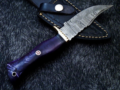 10" Resin Handle Damascus Steel Bowie Knife – Brass Bolster & Leather Sheath