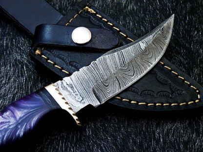 10" Resin Handle Damascus Steel Bowie Knife – Brass Bolster & Leather Sheath