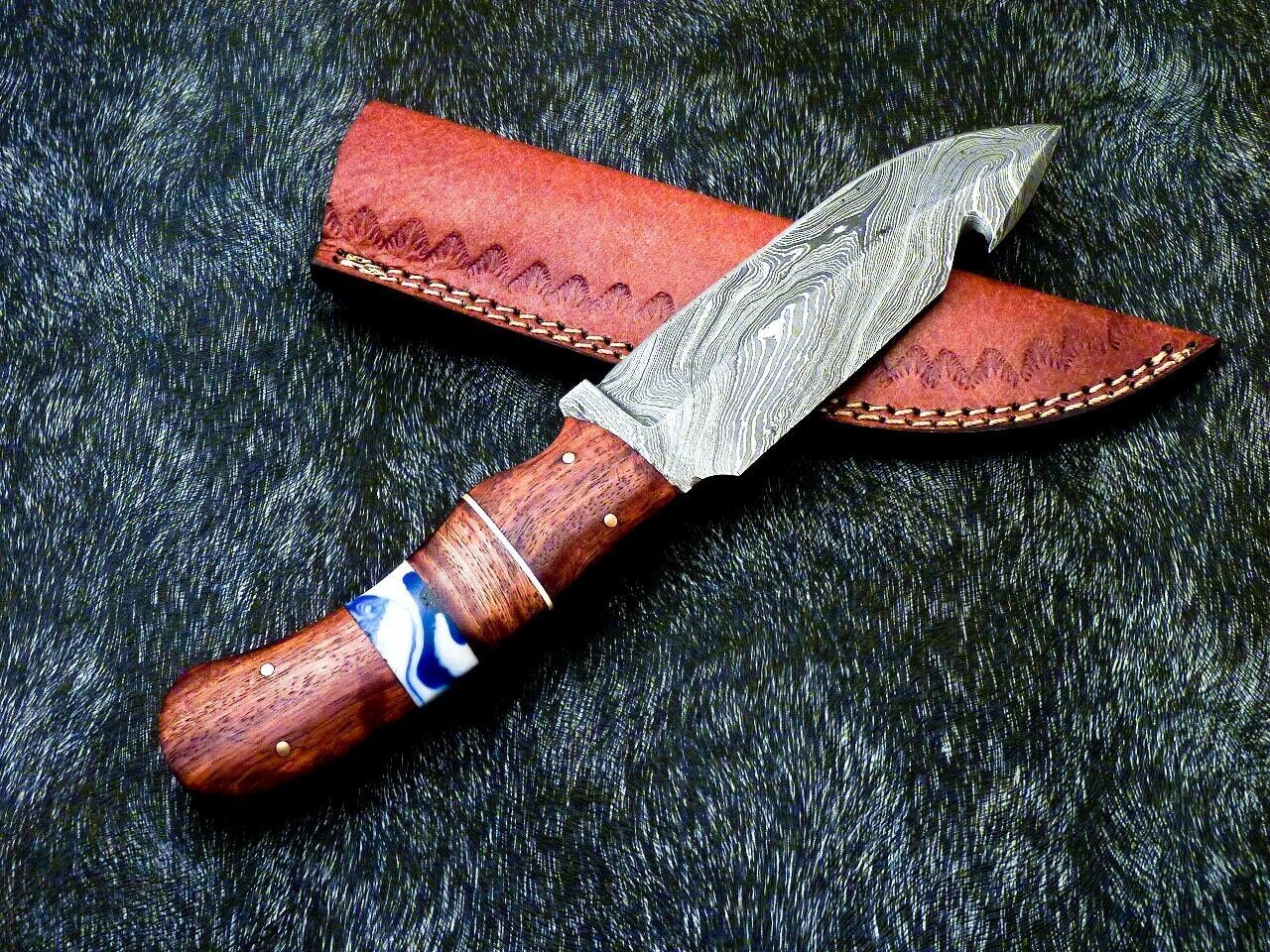 10" Damascus Steel Bowie Hunting Knife – Resin & Wood Handle