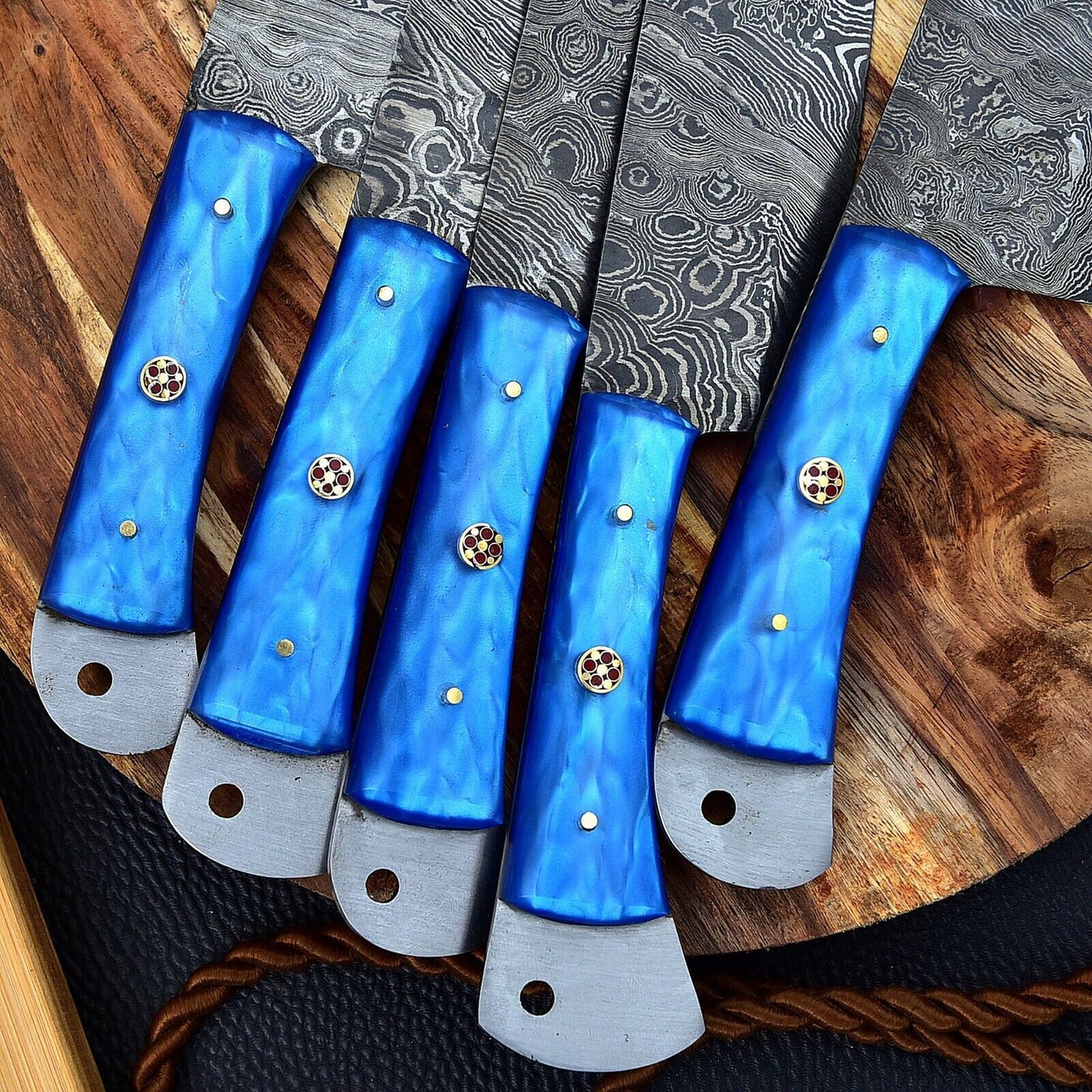 Hand Forged 5-Piece Damascus Steel Chef Knife Set with Leather Bag