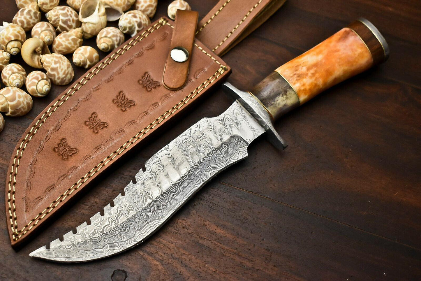 14.5" Damascus Steel Bowie Knife – Camel Bone Handle & Leather Sheath