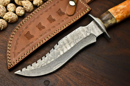 14.5" Damascus Steel Bowie Knife – Camel Bone Handle & Leather Sheath