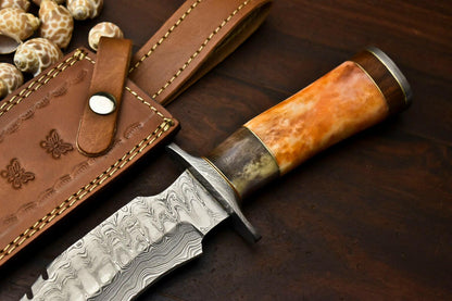 14.5" Damascus Steel Bowie Knife – Camel Bone Handle & Leather Sheath