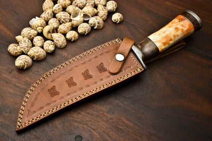 14.5" Damascus Steel Bowie Knife – Camel Bone Handle & Leather Sheath