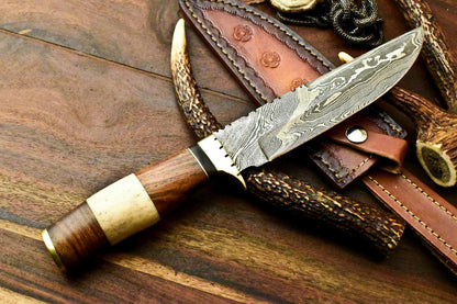 12" Handmade Damascus Bowie Knife | Camel Bone Handle & Leather Sheath