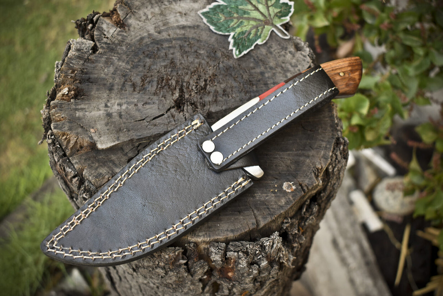 Handmade Hunting Skinner Knife with Rain Drop Damascus Blade and Mixed Material Handle – Tactical Fixed Blade Knife