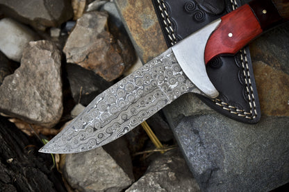 Handmade Hunting Skinner Knife with Rain Drop Damascus Blade and Mixed Material Handle – Tactical Fixed Blade Knife