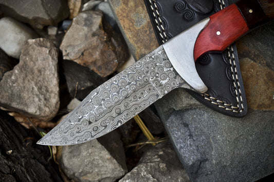 Handmade Hunting Skinner Knife with Rain Drop Damascus Blade and Mixed Material Handle – Tactical Fixed Blade Knife