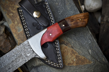 Handmade Hunting Skinner Knife with Rain Drop Damascus Blade and Mixed Material Handle – Tactical Fixed Blade Knife