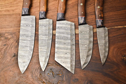 Custom 5-Piece Handmade Hammered Damascus Steel Chef Knife Set