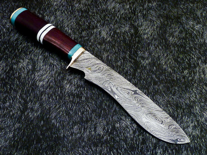 The Forest Warden: 12.75" Hand-Forged Damascus Hunting Knife with Natural Wood Grip