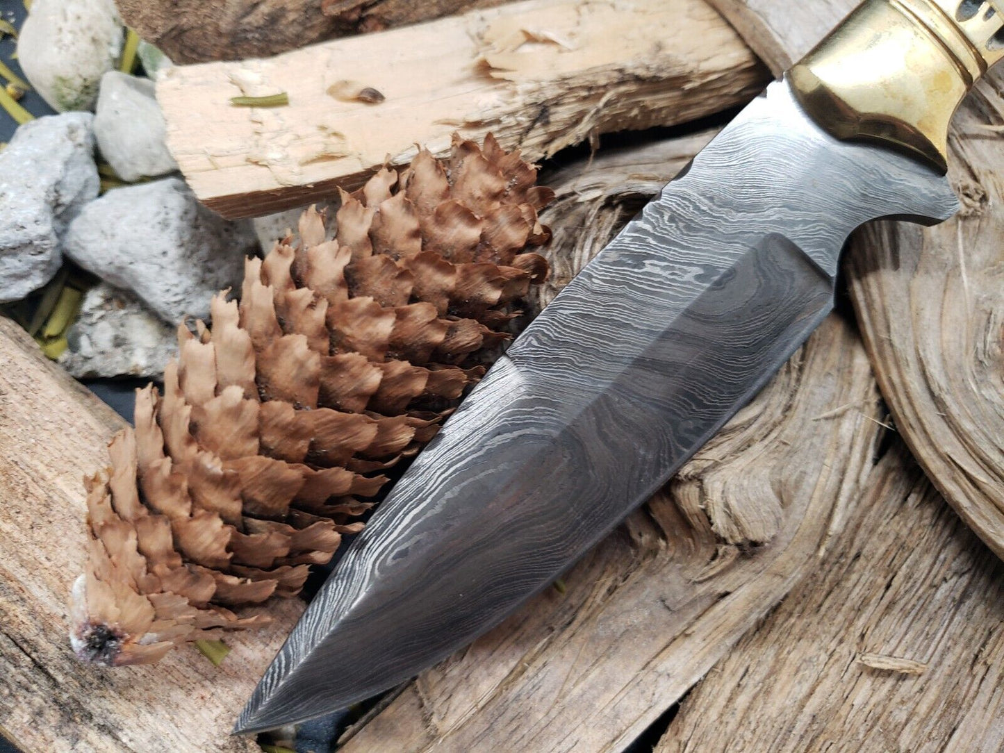 9” Damascus EDC Bowie Knife – Bone Handle with Brass Bolster