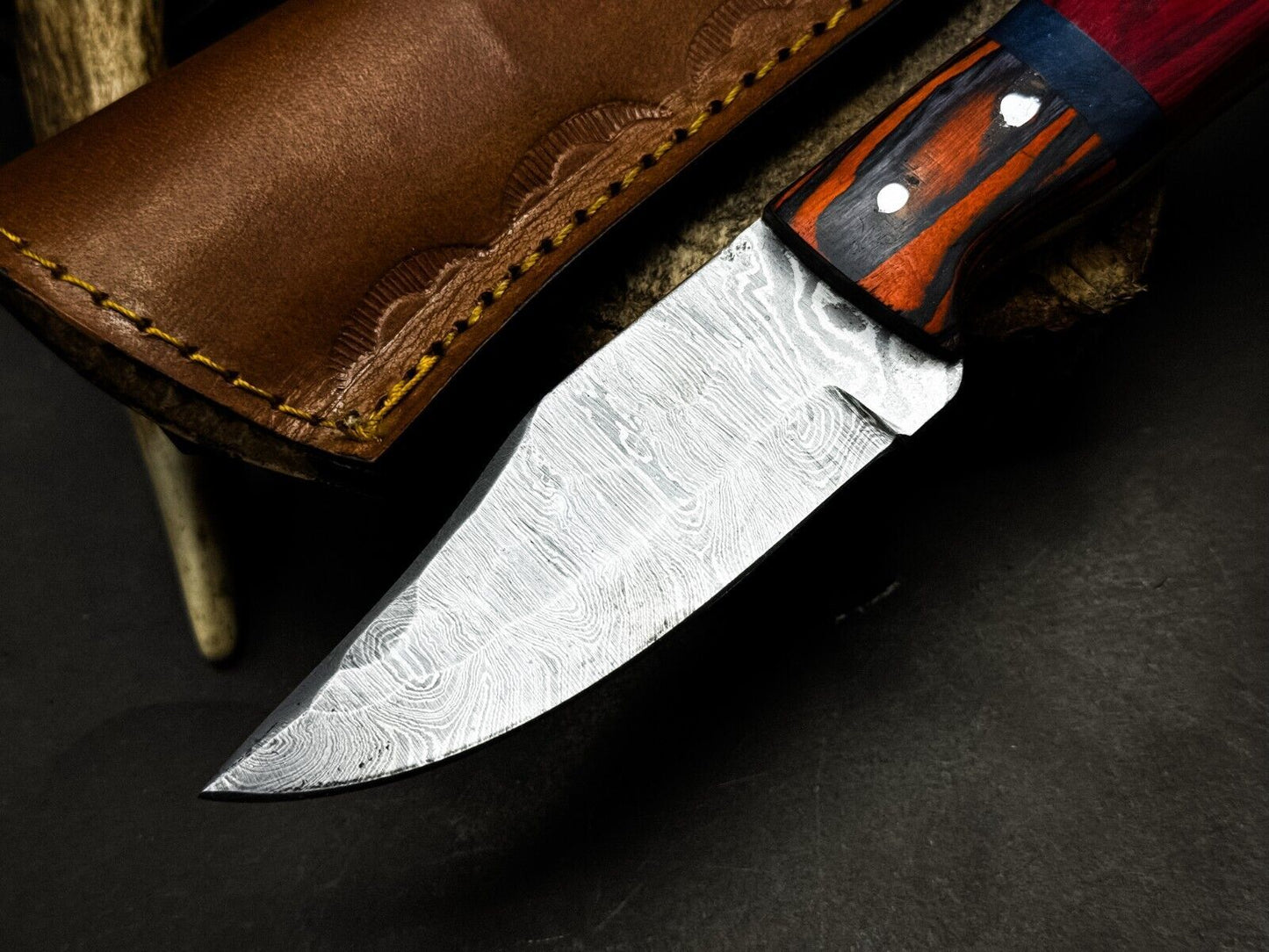 Heritage Forge Handmade Damascus Steel Hunting Knife with Wood Handle and Leather Sheath