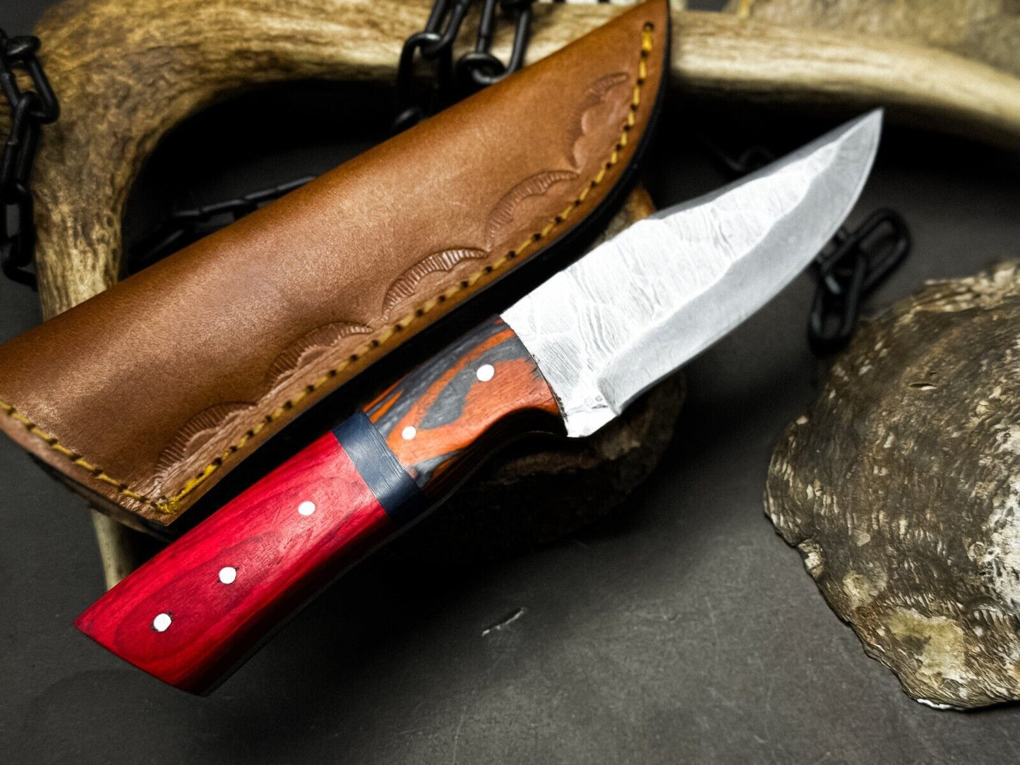 Heritage Forge Handmade Damascus Steel Hunting Knife with Wood Handle and Leather Sheath