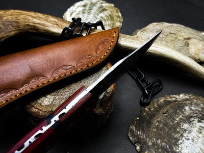 Heritage Forge Handmade Damascus Steel Hunting Knife with Wood Handle and Leather Sheath