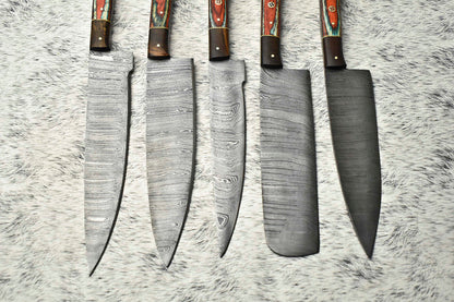 Stunning Custom Lot of 5 Handmade Hammered Damascus Steel Blade Chef Set Knives