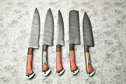 Stunning Custom Lot of 5 Handmade Hammered Damascus Steel Blade Chef Set Knives