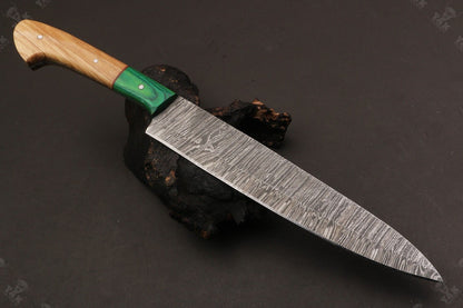13" Custom Hand Forged Fire Damascus Steel Santoku Chef Knife with Camel Bone & Wood Handle