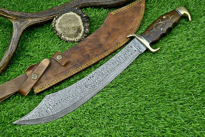 19 Inch Handmade Damascus Steel Curved Blade Hunting Knife with Natural Wood Handle
