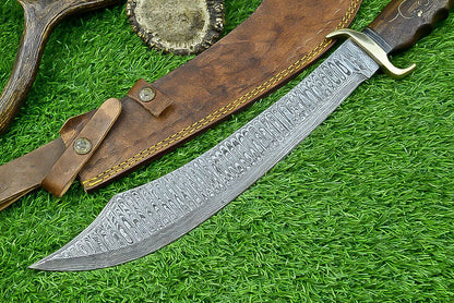 19 Inch Handmade Damascus Steel Curved Blade Hunting Knife with Natural Wood Handle