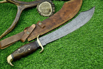 19 Inch Handmade Damascus Steel Curved Blade Hunting Knife with Natural Wood Handle