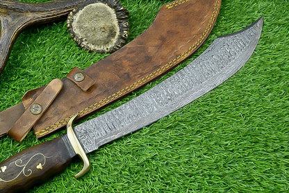 19 Inch Handmade Damascus Steel Curved Blade Hunting Knife with Natural Wood Handle
