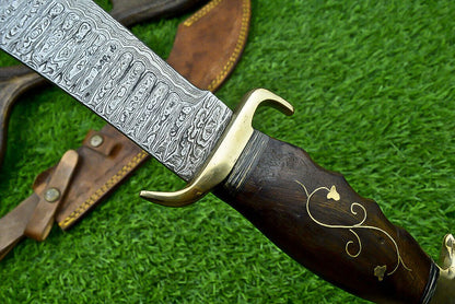 19 Inch Handmade Damascus Steel Curved Blade Hunting Knife with Natural Wood Handle