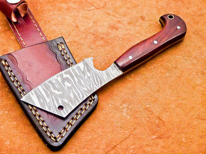 7.5" Professional Handmade Damascus Steel Chef Cleaver – Wood Handle with Leather Sheath