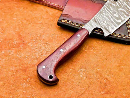 7.5" Professional Handmade Damascus Steel Chef Cleaver – Wood Handle with Leather Sheath