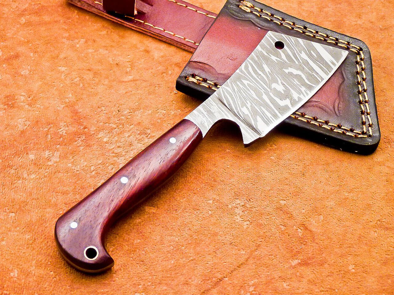 7.5" Professional Handmade Damascus Steel Chef Cleaver – Wood Handle with Leather Sheath