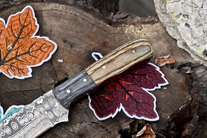 Hand Crafted Rain Drop Damascus Skinner Knife 8 Inch with Hard Wood Handle and Wooden Bolster W/ Leather Sheath