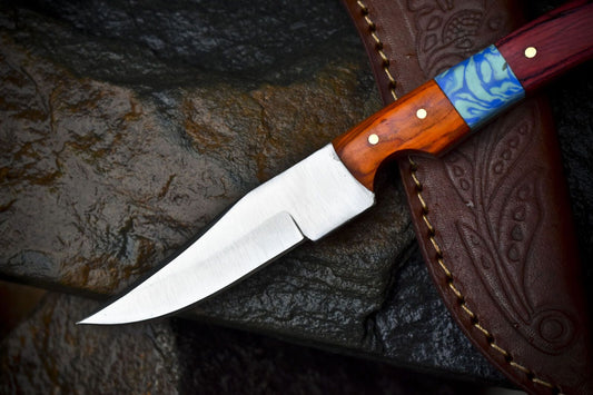 8" Skinner Knife – AUS-8 Steel Blade, Hardwood Handle, Wooden Bolster, Leather Sheath Camping Knife