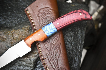 8" Skinner Knife – AUS-8 Steel Blade, Hardwood Handle, Wooden Bolster, Leather Sheath Camping Knife