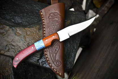 8" Skinner Knife – AUS-8 Steel Blade, Hardwood Handle, Wooden Bolster, Leather Sheath Camping Knife