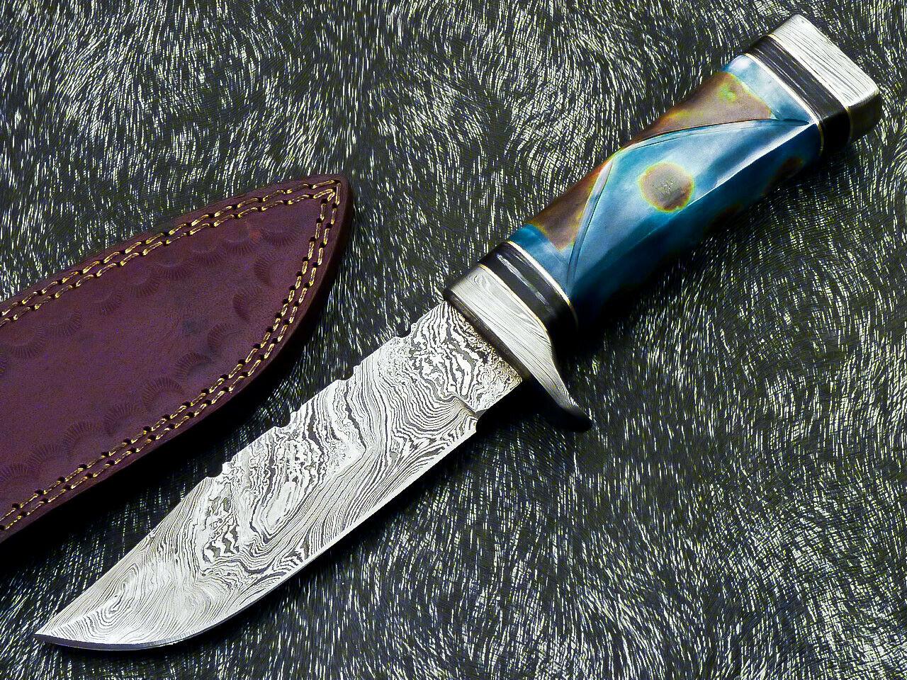 Hand Forged 10" Damascus Bowie Hunting Knife – Camel Bone Handle