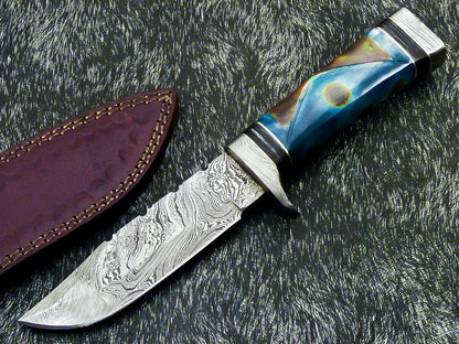 Hand Forged 10" Damascus Bowie Hunting Knife – Camel Bone Handle
