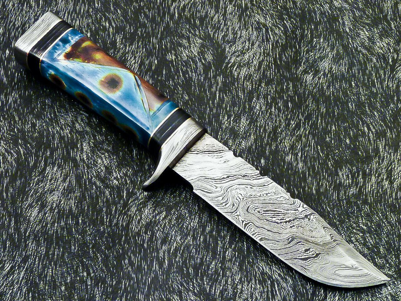 Hand Forged 10" Damascus Bowie Hunting Knife – Camel Bone Handle