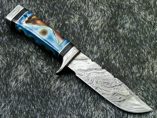 Hand Forged 10" Damascus Bowie Hunting Knife – Camel Bone Handle