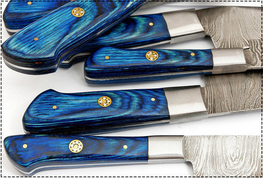 Custom Damascus Chef Knife Set – 6 Pc Pro Kitchen Knives with Blue Wood Handle