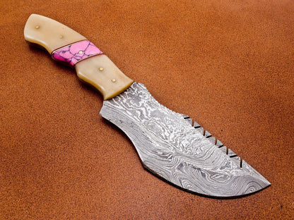 Full Tang Handmade Damascus Steel Tracker Knife – Bone Handle Hunting, Camping & Survival with Leather Sheath