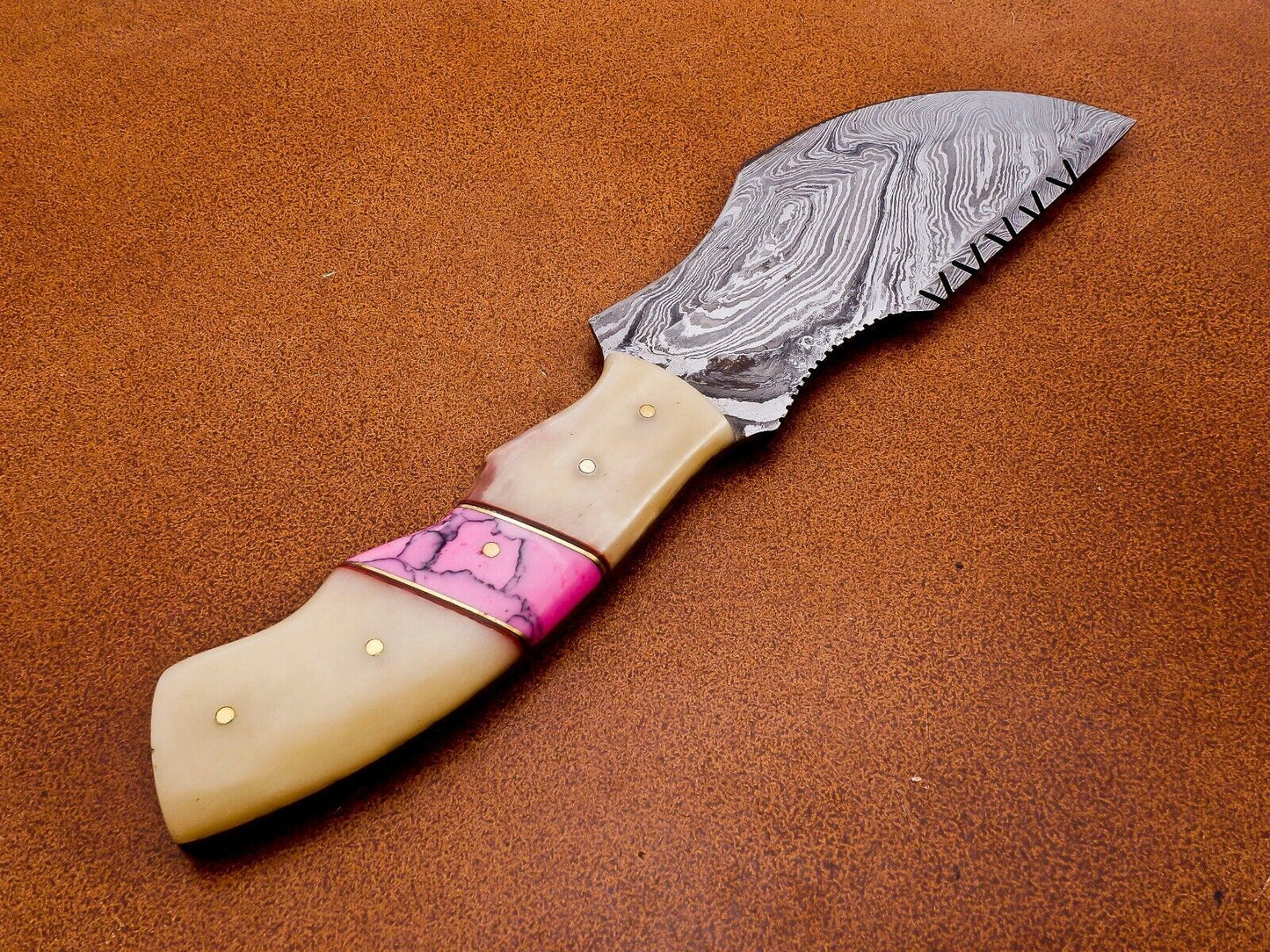 Full Tang Handmade Damascus Steel Tracker Knife – Bone Handle Hunting, Camping & Survival with Leather Sheath