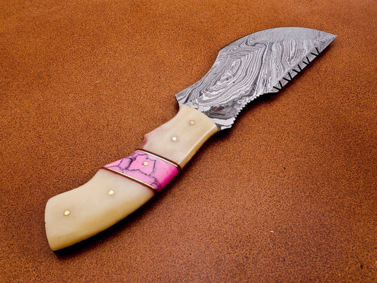 Full Tang Handmade Damascus Steel Tracker Knife – Bone Handle Hunting, Camping & Survival with Leather Sheath
