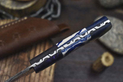 Twist Damascus Skinner Knife with Corian Handle – Handmade Hiking and Hunting Blade