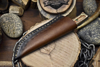 Twist Damascus Skinner Knife with Olive Wood Handle and Brass Guard