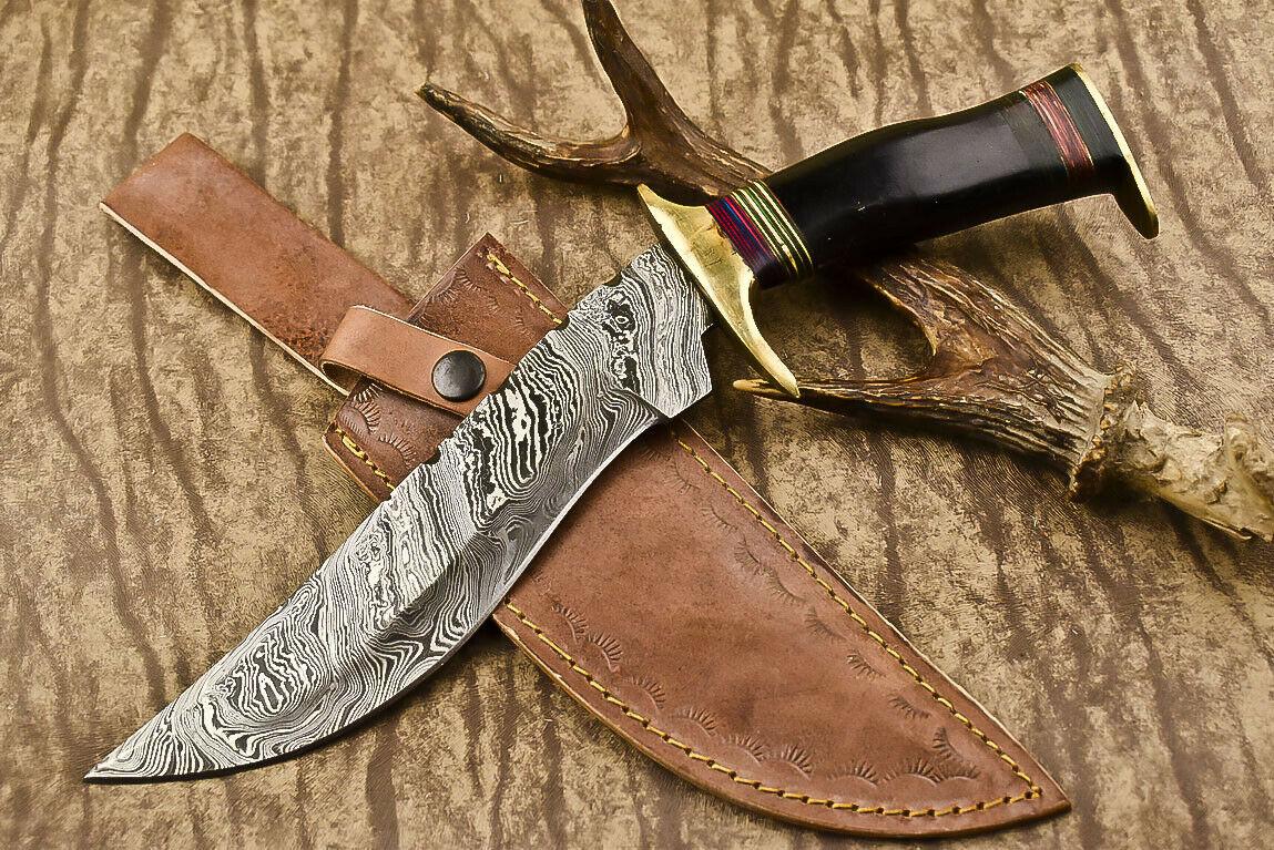 Hand-Forged Damascus Steel Bowie Knife with Bull Horn Handle – 13.5" Hunting Blade