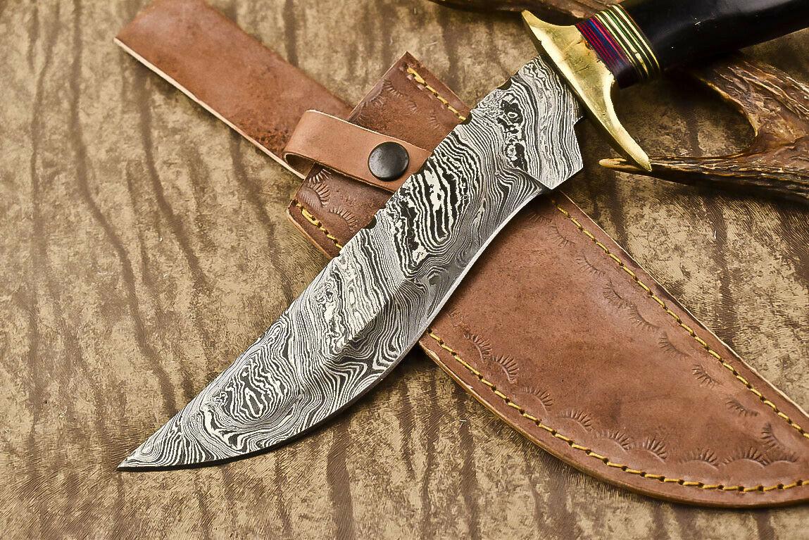 Hand-Forged Damascus Steel Bowie Knife with Bull Horn Handle – 13.5" Hunting Blade
