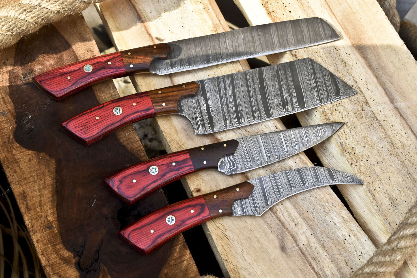 Hot Item Chef Knife B-Ring Damascus Hard Wood Bolster EDC Lot of 4